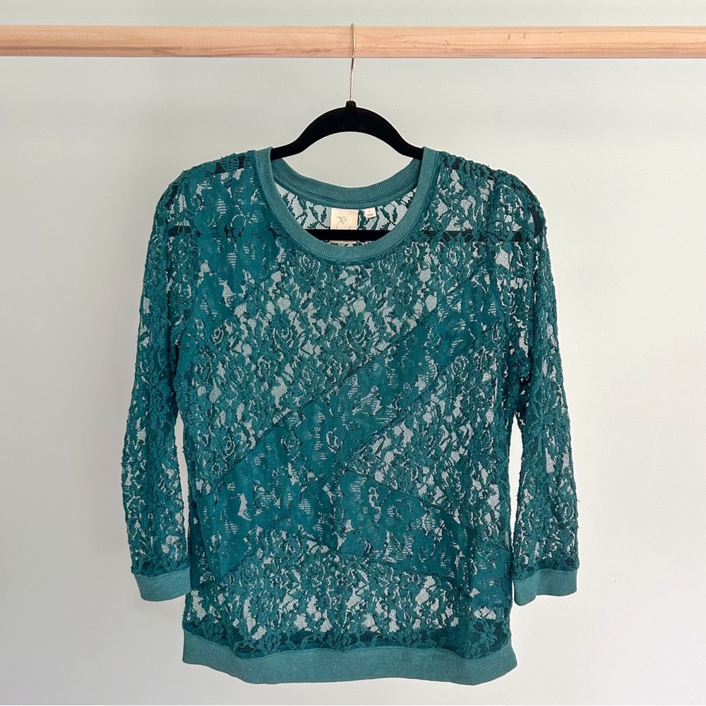 E by Eloise Anthropologie Blue Green Teal Lace Sheer Shirt Size M